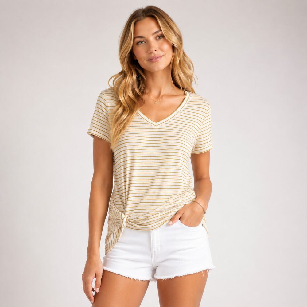 Olivaceous White Gold Stripe Twist Linen Blend Tee Shirt L Coastal SoftGirl NWT